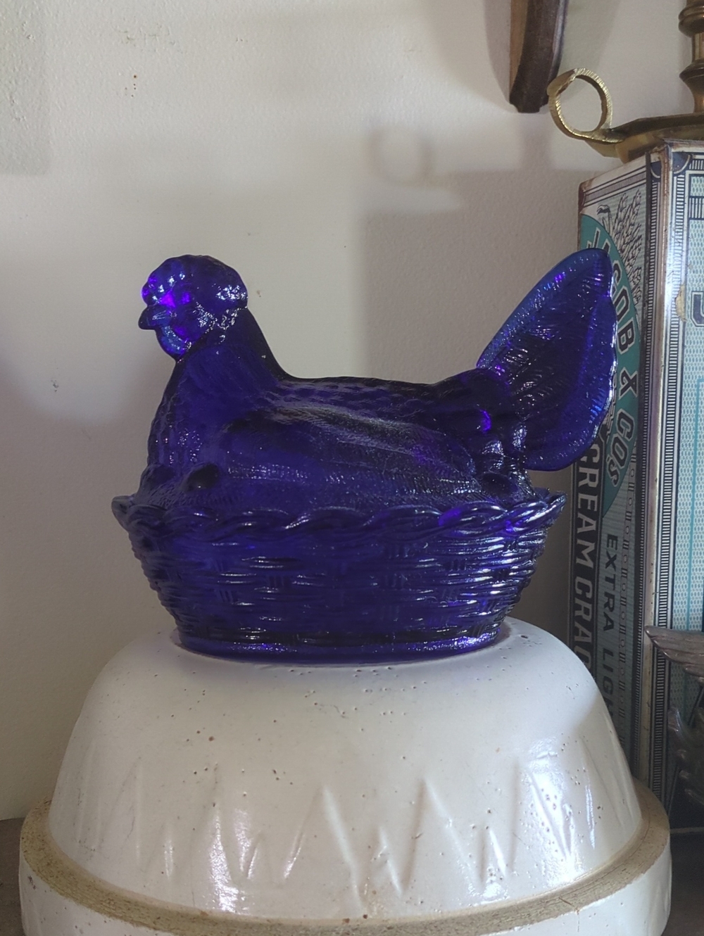 Vintage LG Wright Cobalt Blue Glass Hen on Nest - Split Tail HON MCM Farmhouse